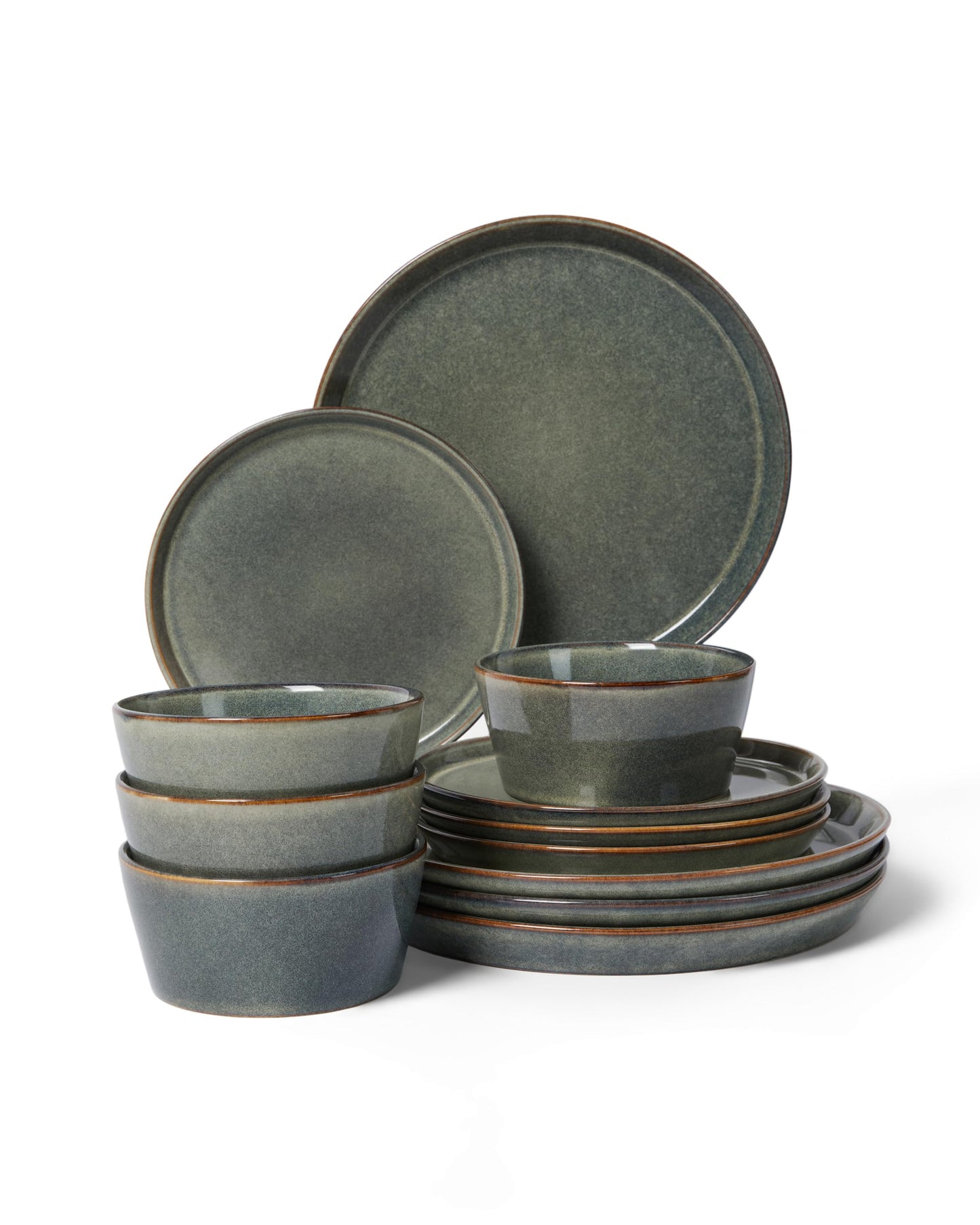 Pokini Stoneware Dinnerware Set for 4, 12PCS Plates and Bowls Set, Microwave & Dishwasher Safe Dinner Set, Modern Handmade Durable Dish Sets, Green Wheat