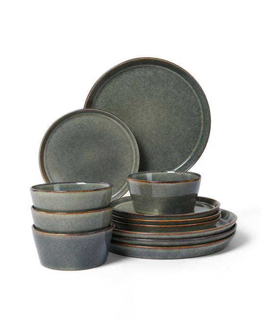 Pokini Stoneware Dinnerware Set for 4, 12PCS Plates and Bowls Set, Microwave & Dishwasher Safe Dinner Set, Modern Handmade Durable Dish Sets, Green Wheat