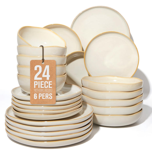 Pokini 24 Pieces Dinnerware Set for 6 with Pasta Bowls, Complete Ceramic Dish Set, Stackable & Glossy Stoneware Plate and Bowl Set for Effortless Everyday Hosting, Yellow White