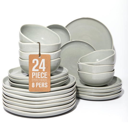 Pokini Large Holiday Dinnerware Sets for 8, Ceramic Plates and Bowls Set, Kitchen Dish Set, Microwave & Dishwasher Safe Dishware, Perfect for Christmas & Thanksgiving, Gray Green