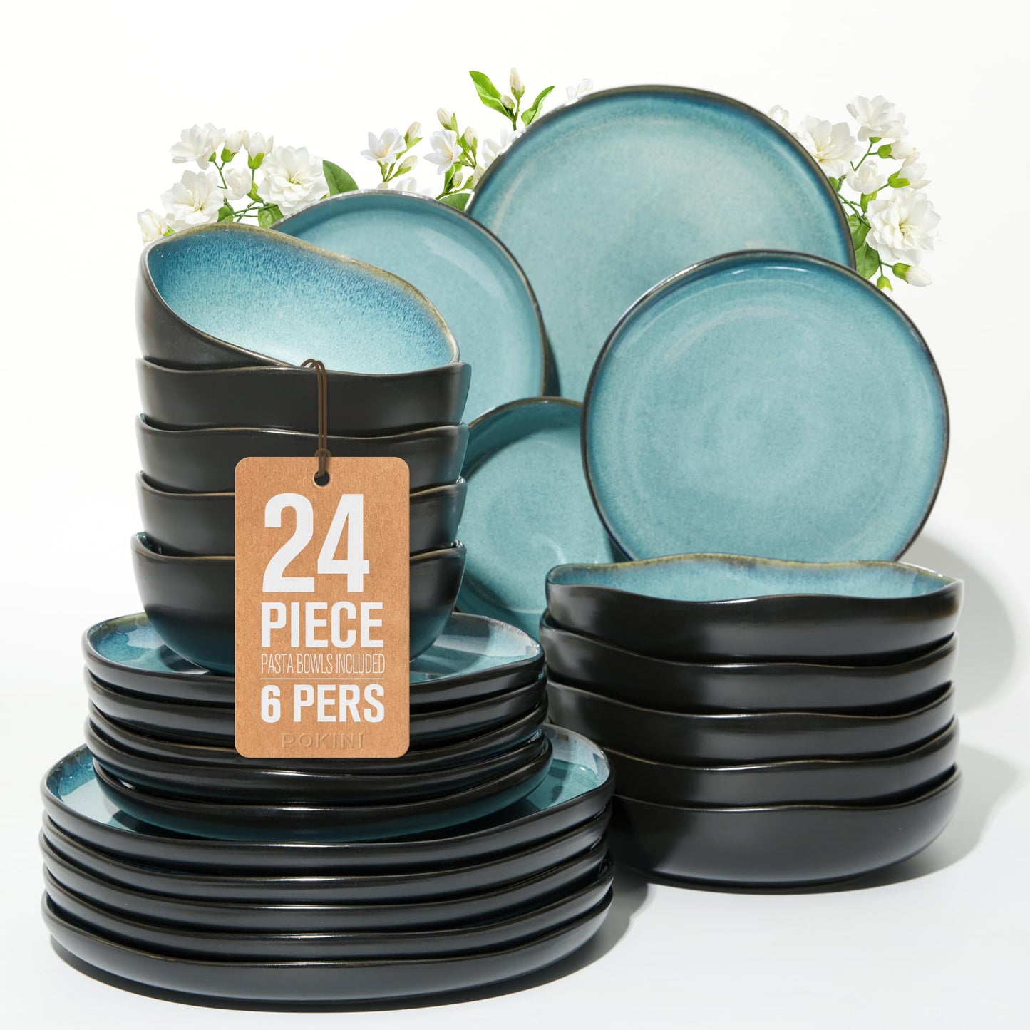 Stoneware Dinnerware Set for 6, POKINI 24 PCS Reactive Glaze Plates and Bowls Set, Modern Handmade Ceramic Dishes Set, Chip & Scratch Resistant Dish Sets, Durable Dinner Plate Sets, Green Black