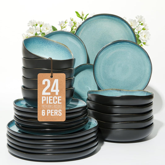 Stoneware Dinnerware Set for 6, POKINI 24 PCS Reactive Glaze Plates and Bowls Set, Modern Handmade Ceramic Dishes Set, Chip & Scratch Resistant Dish Sets, Durable Dinner Plate Sets, Green Black