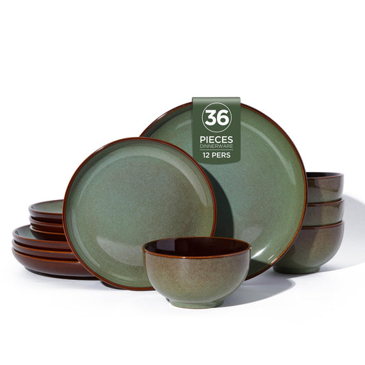 Pokini 36-Piece Stoneware Dinnerware Sets, Plates and Bowls Dish Sets for 12, Sage Green