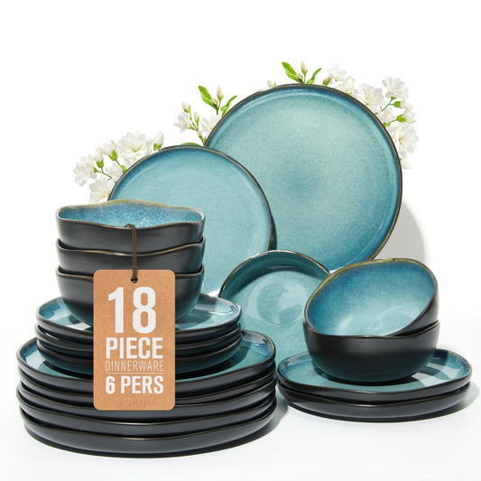 Stoneware Dinnerware Set for 6, POKINI 18 PCS Reactive Glaze Plates and Bowls Set, Modern Handmade Ceramic Dishes Set, Chip & Scratch Resistant Dish Sets, Durable Dinner Plate Sets, Green Black