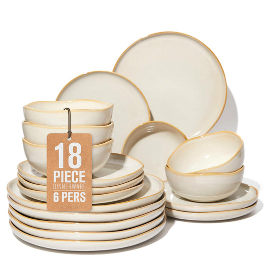 Pokini Plates and Bowls Sets for Family of 6, Ceramic Dinnerware Sets, Kitchen Dish Set, Microwave & Dishwasher Safe Dishware, Highly Durable Reactive Glazed Dinner Set, Yellow White
