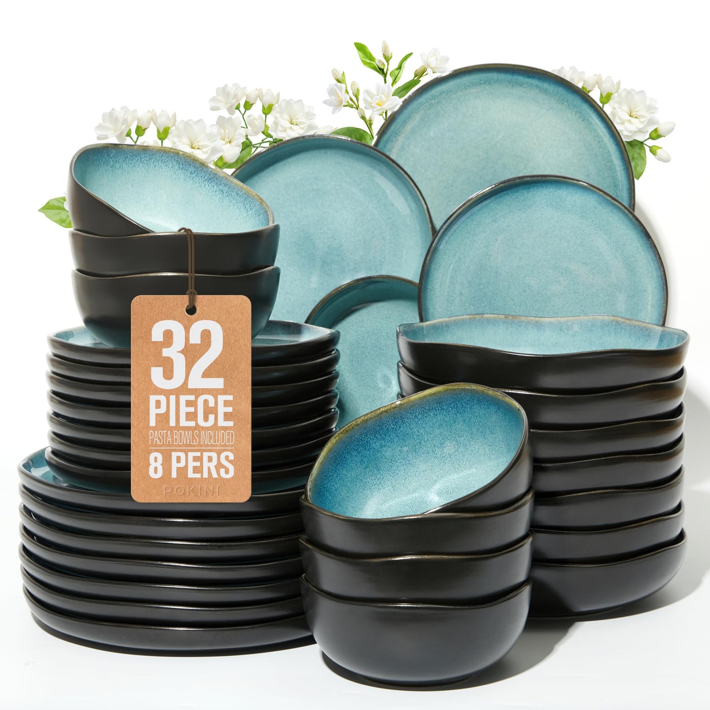 Stoneware Dinnerware Set for 8, POKINI 32 PCS Reactive Glaze Plates and Bowls Set, Modern Handmade Ceramic Dishes Set, Chip & Scratch Resistant Dish Sets, Durable Dinner Plate Sets, Green Black