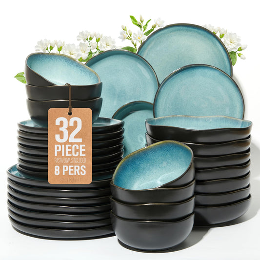 Stoneware Dinnerware Set for 8, POKINI 32 PCS Reactive Glaze Plates and Bowls Set, Modern Handmade Ceramic Dishes Set, Chip & Scratch Resistant Dish Sets, Durable Dinner Plate Sets, Green Black