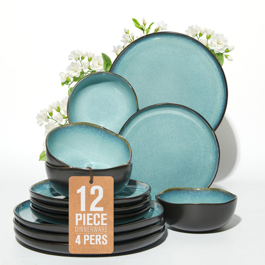 Stoneware Dinnerware Set for 4, POKINI 12 PCS Reactive Glaze Plates and Bowls Set, Modern Handmade Ceramic Dishes Set, Chip & Scratch Resistant Dish Sets, Durable Dinner Plate Sets, Green Black