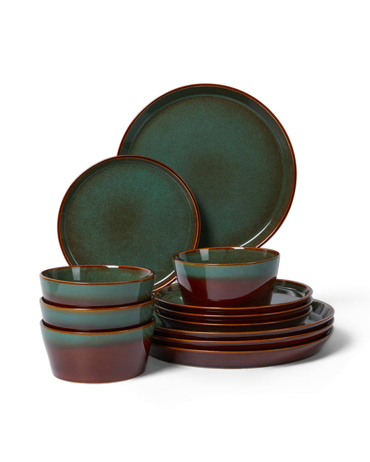 Pokini Stoneware Dinnerware Set for 4, 12PCS Plates and Bowls Set, Microwave & Dishwasher Safe Dinner Set, Modern Handmade Durable Dish Sets, Brown Green