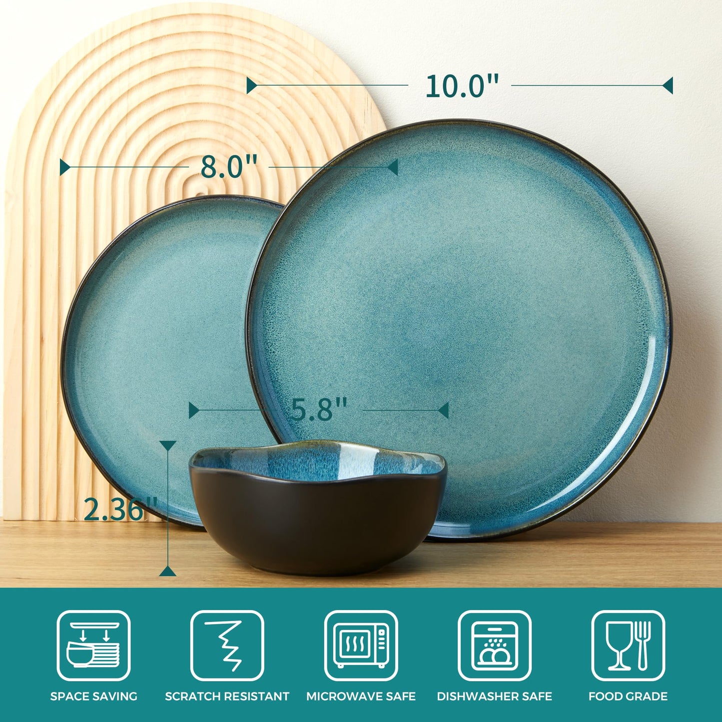 Stoneware Dinnerware Set for 6, POKINI 18 PCS Reactive Glaze Plates and Bowls Set, Modern Handmade Ceramic Dishes Set, Chip & Scratch Resistant Dish Sets, Durable Dinner Plate Sets, Green Black