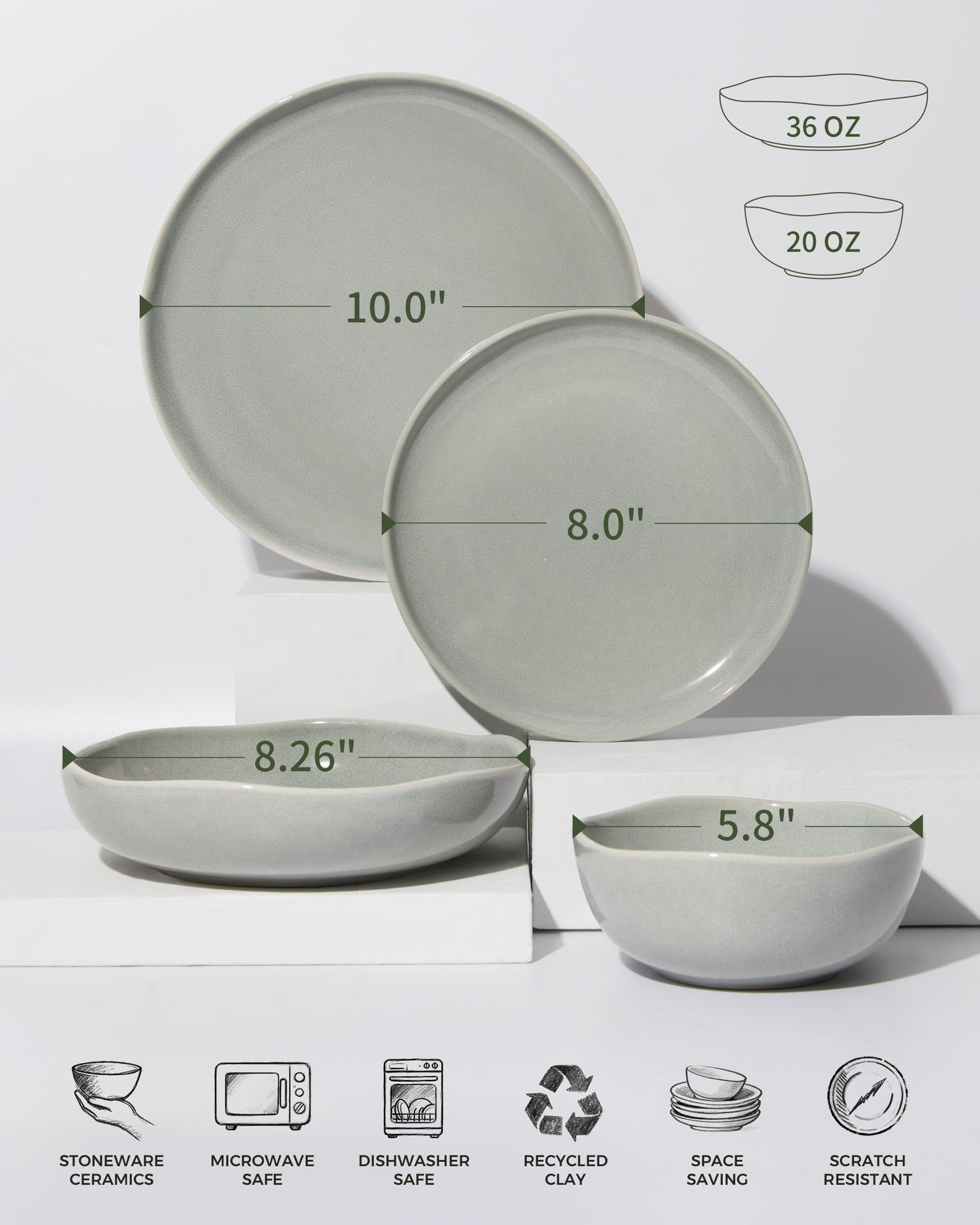 Pokini 32 Piece Dinnerware Set for 8 with Pasta Bowls, Gray Green Reactive Glaze Stoneware | All‑in‑One Host Set for Entertaining, Holiday Meals, Multi‑Course Dish Set | Unique Irregular Look