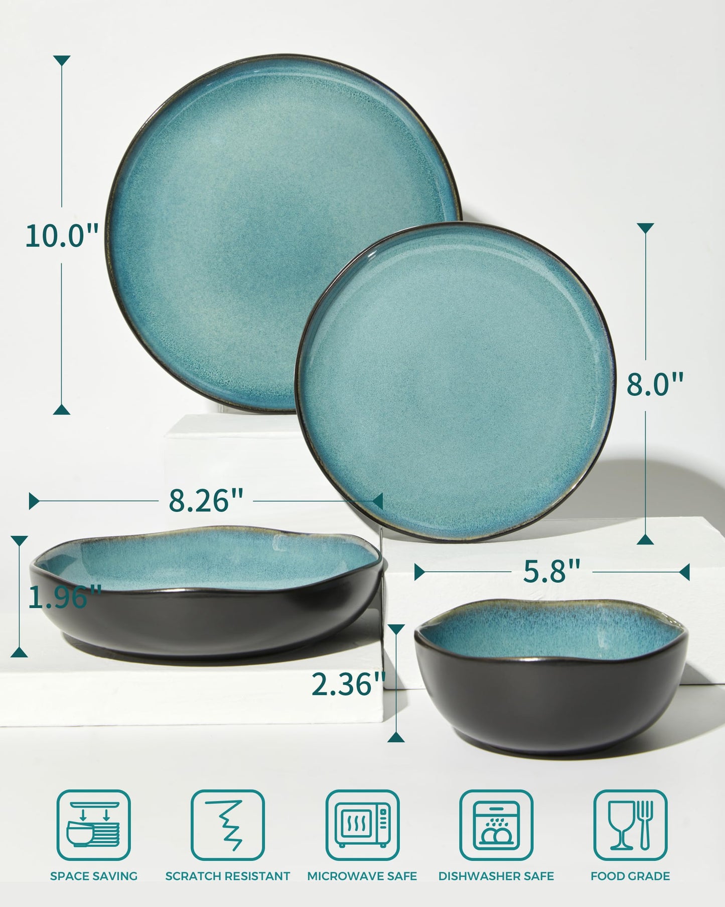 Stoneware Dinnerware Set for 8, POKINI 32 PCS Reactive Glaze Plates and Bowls Set, Modern Handmade Ceramic Dishes Set, Chip & Scratch Resistant Dish Sets, Durable Dinner Plate Sets, Green Black
