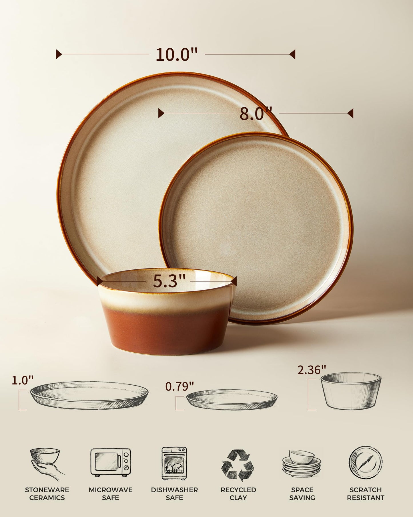 Pokini Stoneware Dinnerware Set for 8, 24PCS Plates and Bowls Set, Microwave & Dishwasher Safe Dinner Set, Modern Handmade Durable Dish Sets, Amber Brown