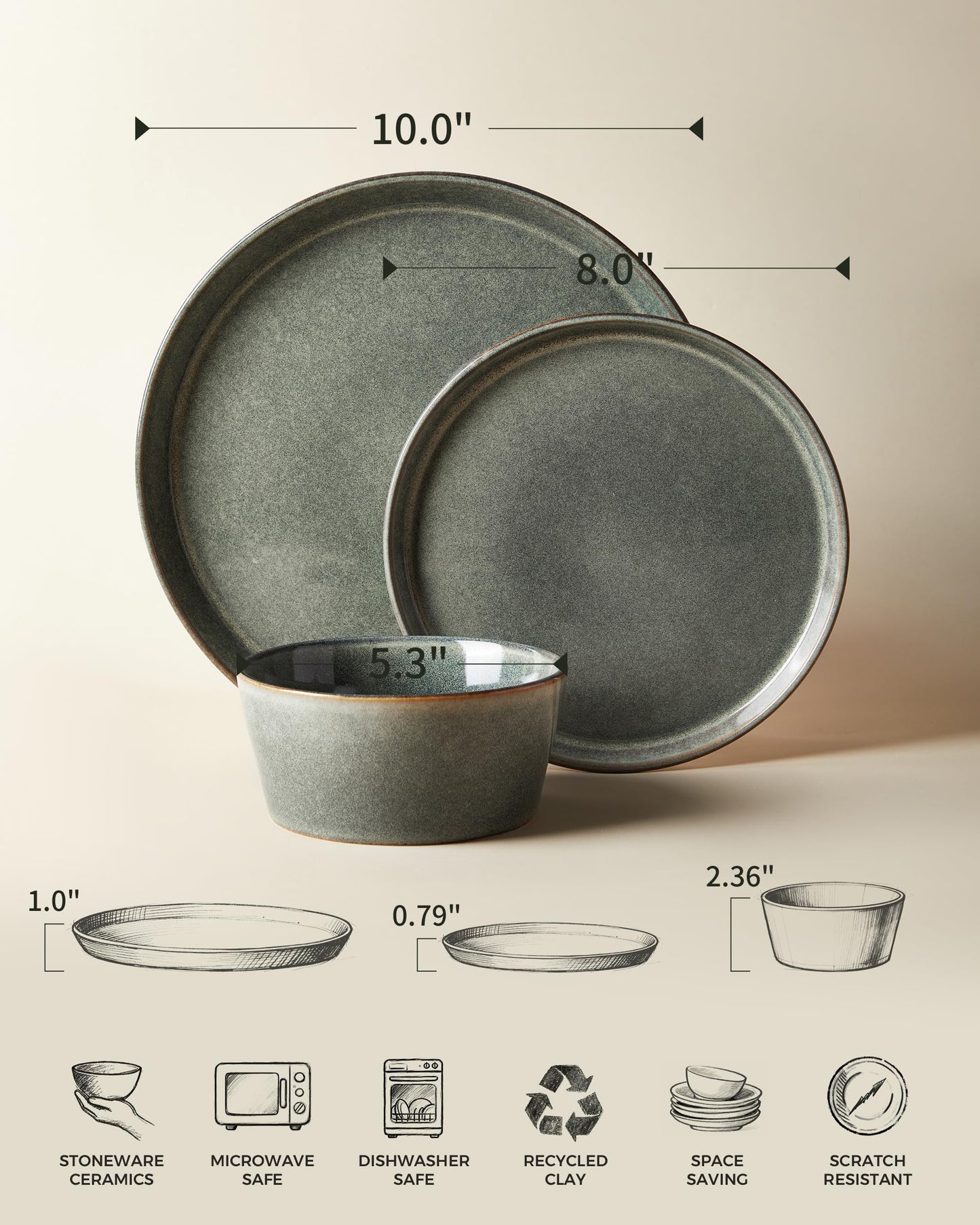 Pokini Stoneware Dinnerware Set for 8, 24PCS Plates and Bowls Set, Microwave & Dishwasher Safe Dinner Set, Modern Handmade Durable Dish Sets, Green Wheat