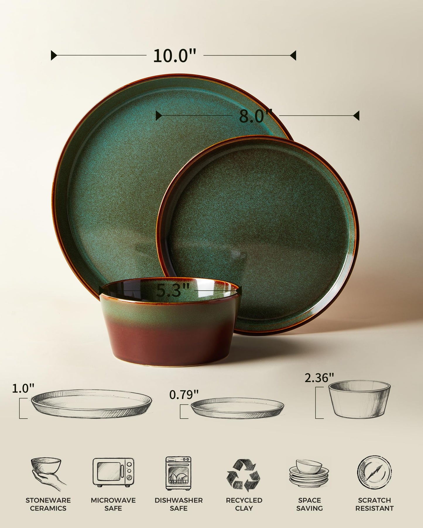 Pokini Stoneware Dinnerware Set for 4, 12PCS Plates and Bowls Set, Microwave & Dishwasher Safe Dinner Set, Modern Handmade Durable Dish Sets, Brown Green