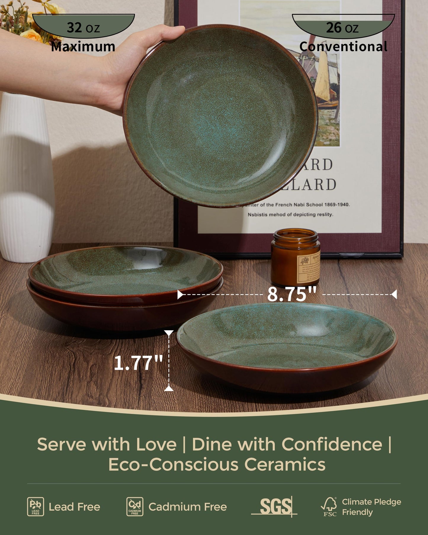 Pokini 32-Piece Stoneware Dinnerware Sets, Plates and Bowls Sets with Double Bowl,Ceramic dish sets service for 8,Brown Green