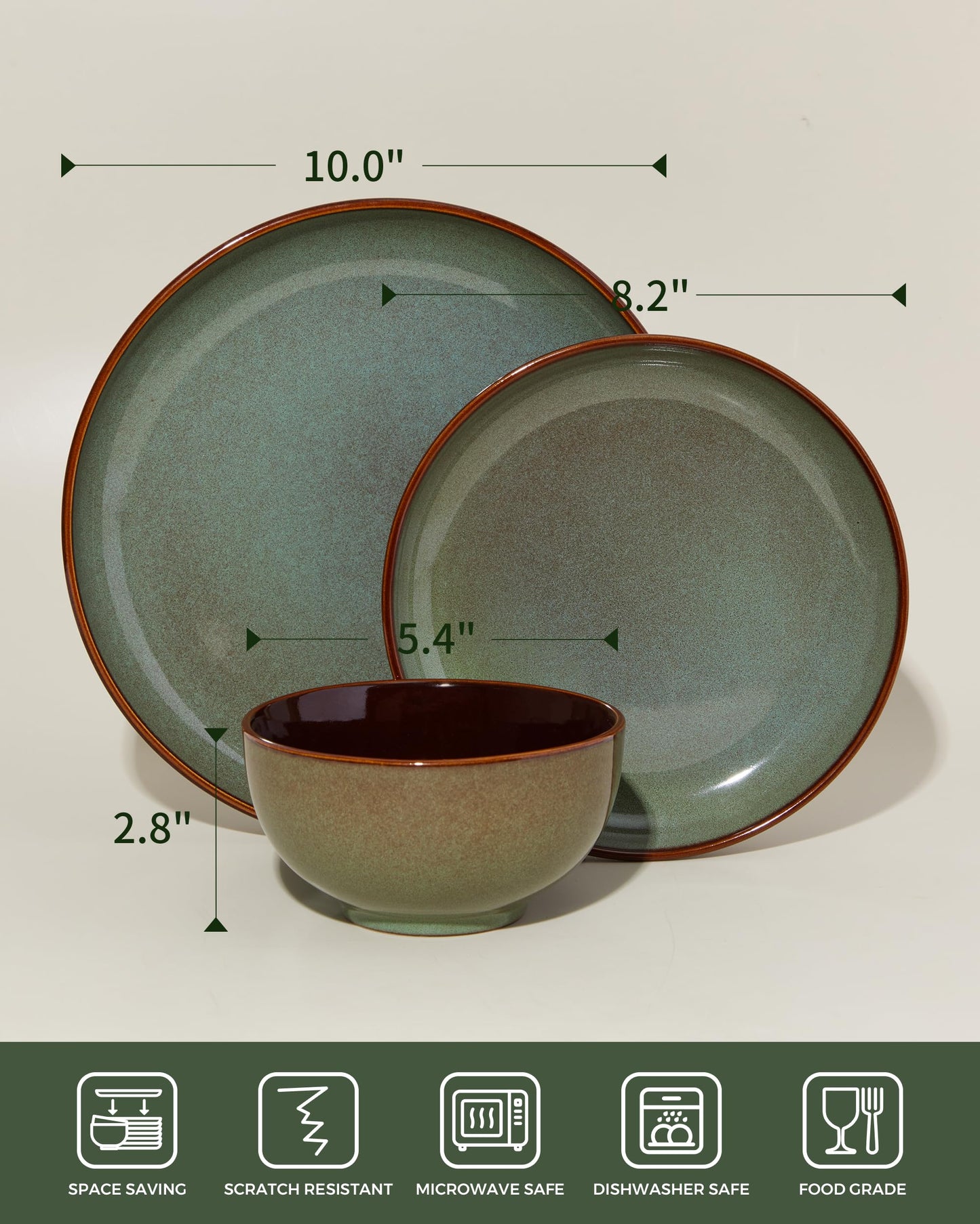 Pokini 36-Piece Stoneware Dinnerware Sets, Plates and Bowls Dish Sets for 12, Sage Green