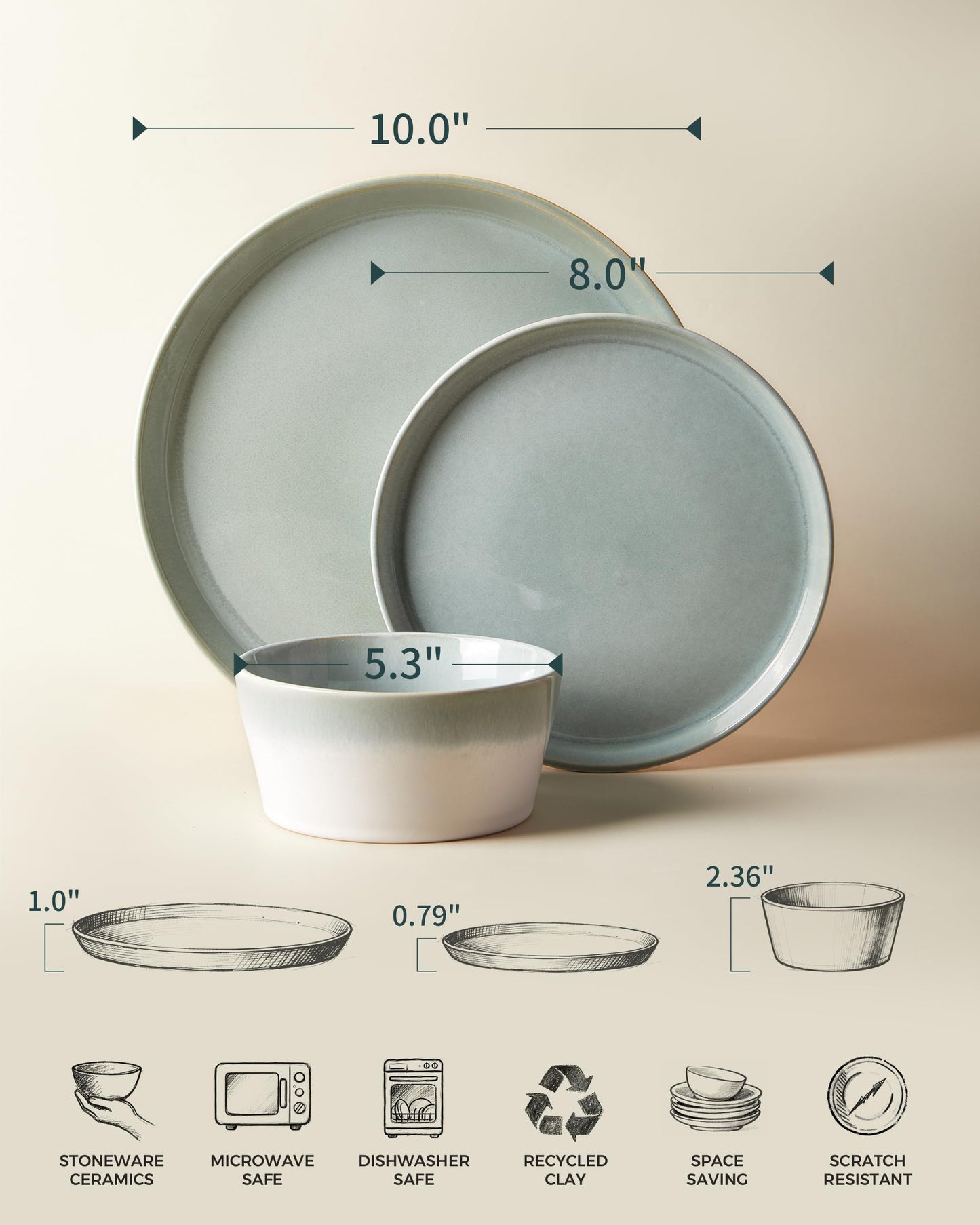 Pokini Stoneware Dinnerware Set for 8, 24PCS Plates and Bowls Set, Microwave & Dishwasher Safe Dinner Set, Modern Handmade Durable Dish Sets, Gradient Green