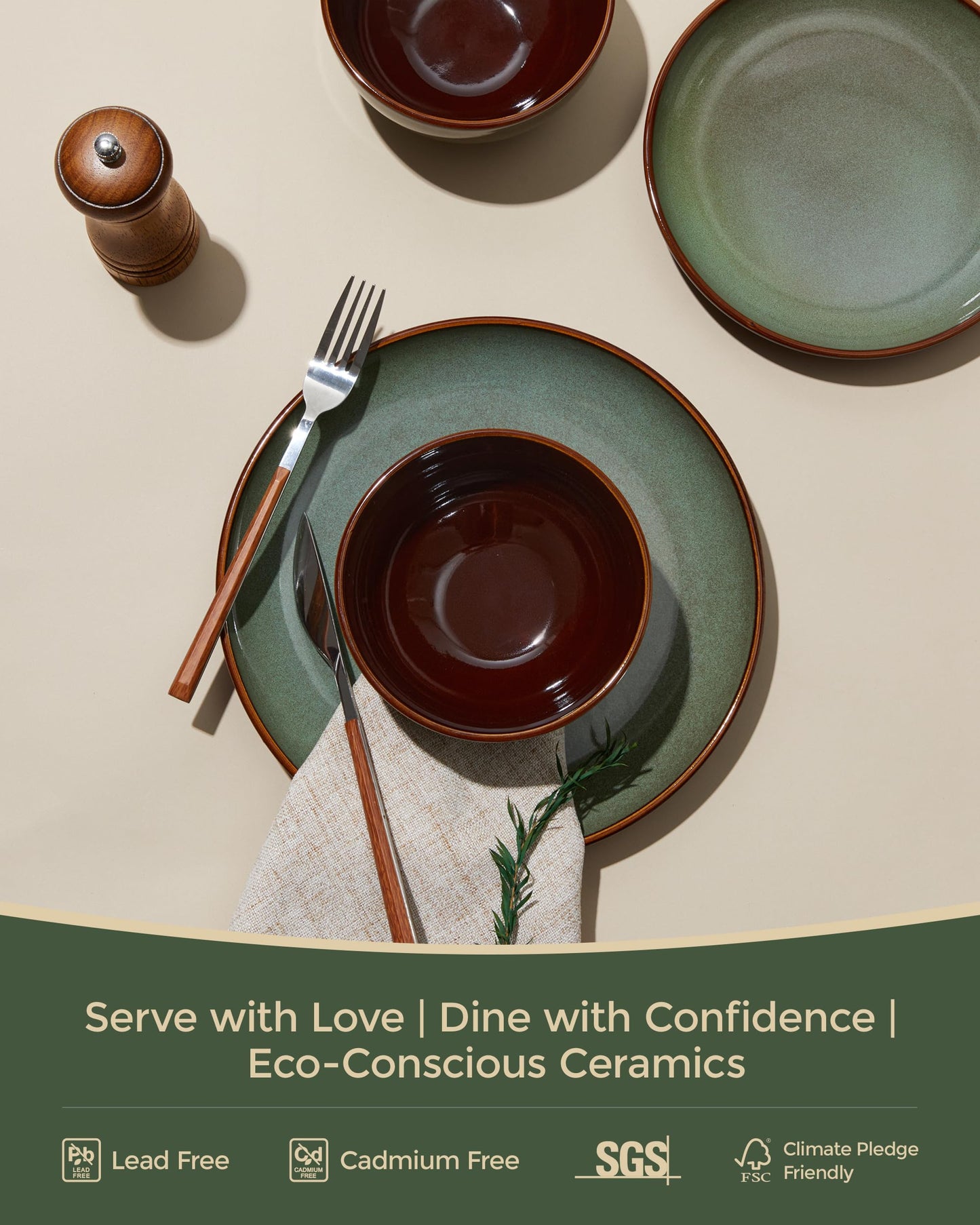 Pokini 36-Piece Stoneware Dinnerware Sets, Plates and Bowls Dish Sets for 12, Sage Green