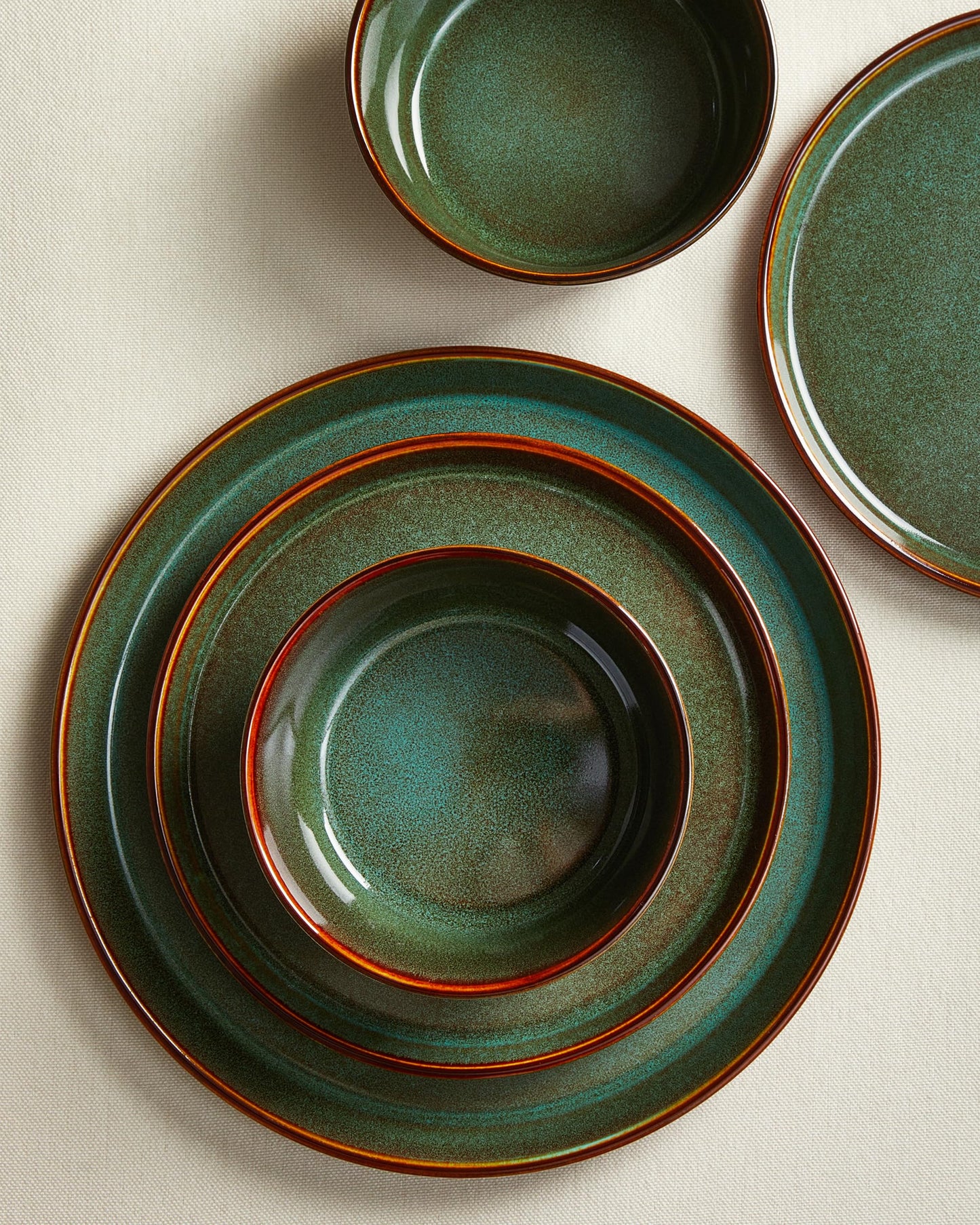Pokini Stoneware Dinnerware Set for 4, 12PCS Plates and Bowls Set, Microwave & Dishwasher Safe Dinner Set, Modern Handmade Durable Dish Sets, Brown Green