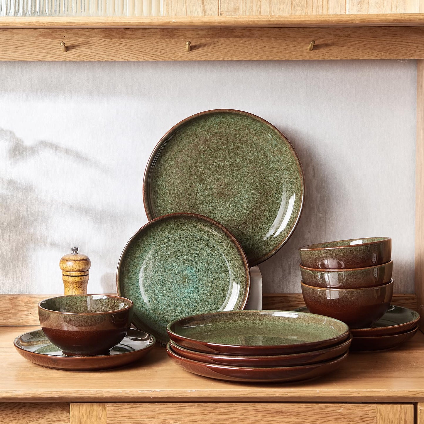 Pokini 32-Piece Stoneware Dinnerware Sets, Plates and Bowls Sets with Double Bowl,Ceramic dish sets service for 8,Brown Green