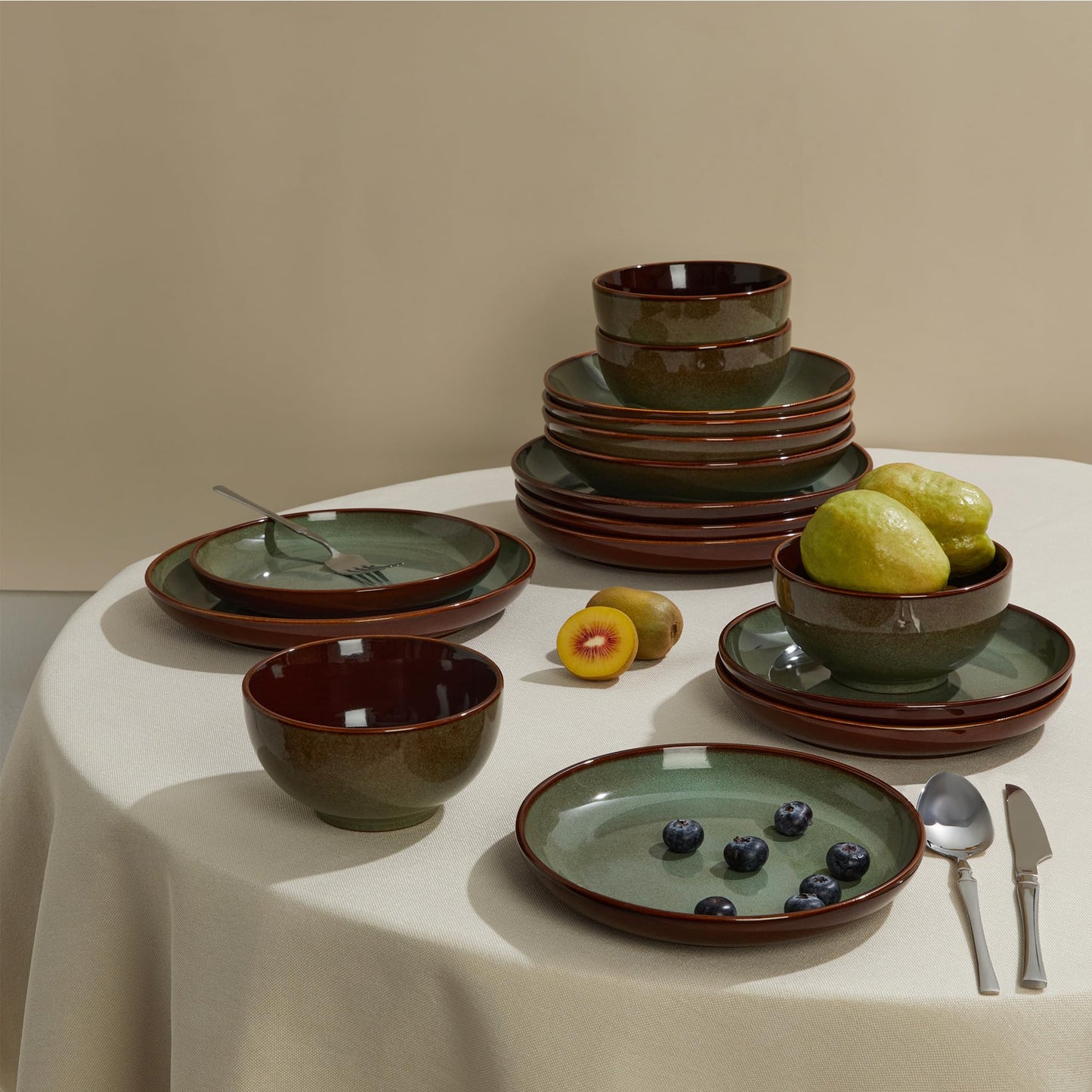 Pokini 36-Piece Stoneware Dinnerware Sets, Plates and Bowls Dish Sets for 12, Sage Green