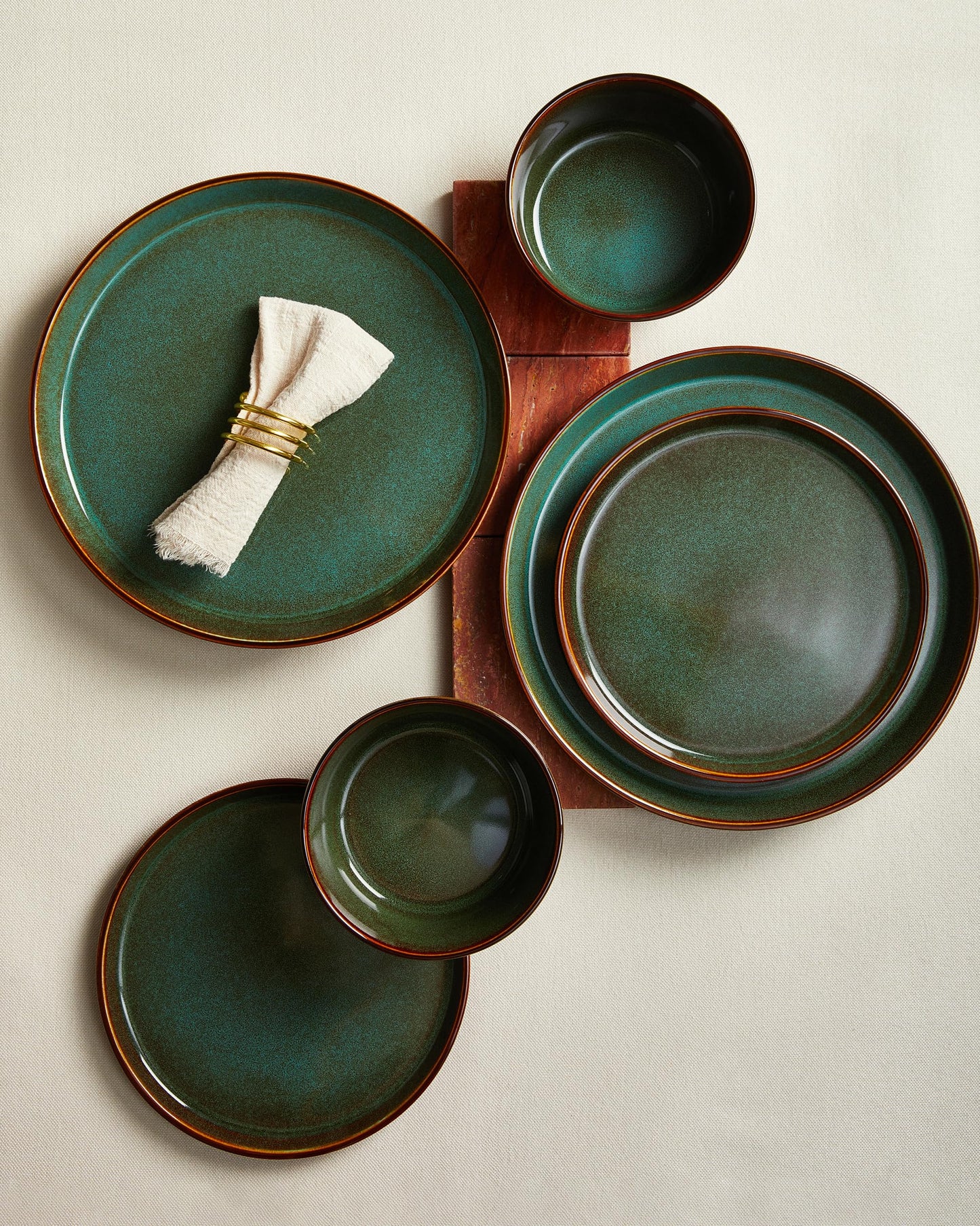 Pokini Stoneware Dinnerware Set for 8, 24PCS Plates and Bowls Set, Microwave & Dishwasher Safe Dinner Set, Modern Handmade Durable Dish Sets, Brown Green
