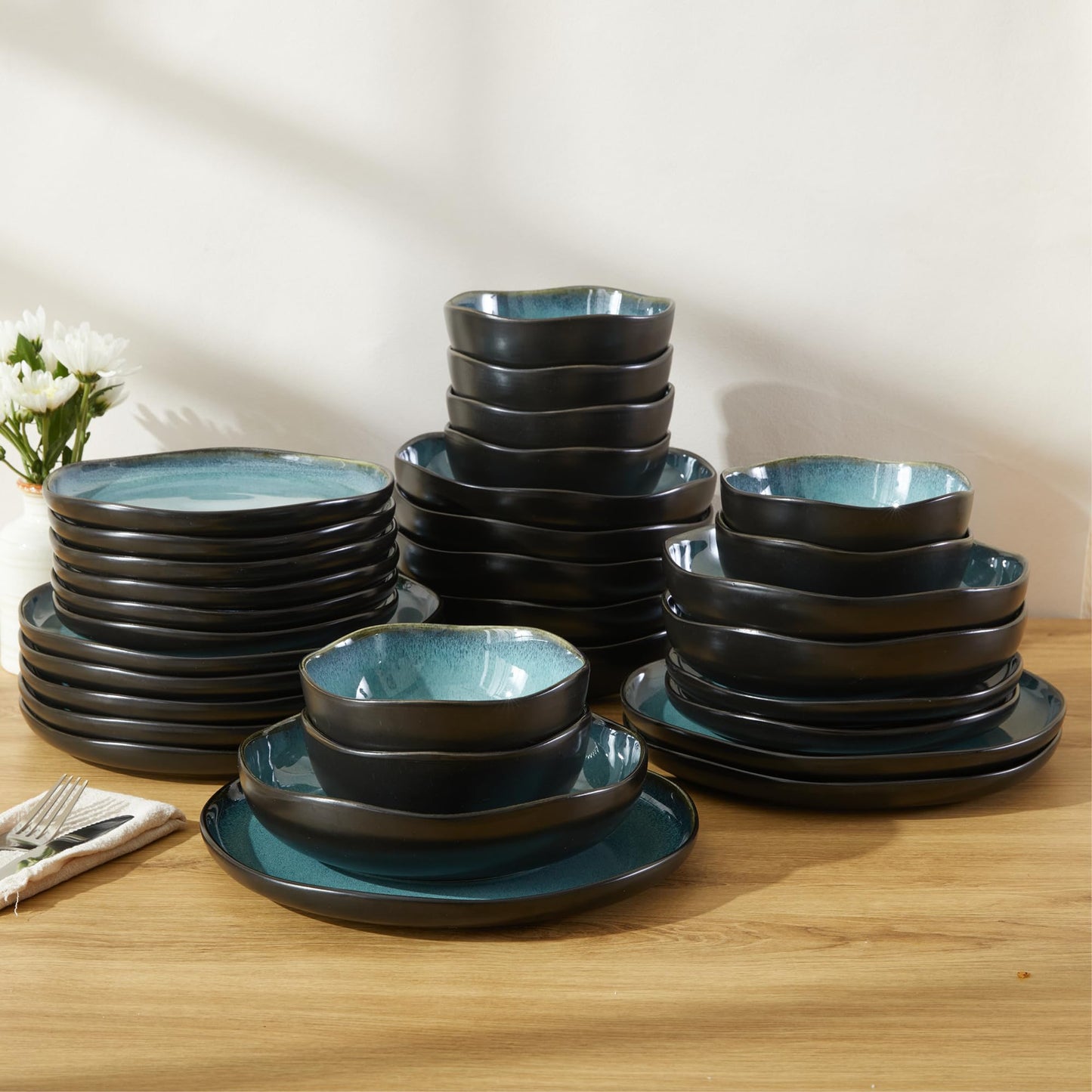 Stoneware Dinnerware Set for 8, POKINI 32 PCS Reactive Glaze Plates and Bowls Set, Modern Handmade Ceramic Dishes Set, Chip & Scratch Resistant Dish Sets, Durable Dinner Plate Sets, Green Black