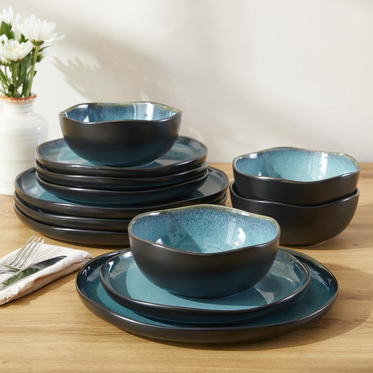 Stoneware Dinnerware Set for 4, POKINI 12 PCS Reactive Glaze Plates and Bowls Set, Modern Handmade Ceramic Dishes Set, Chip & Scratch Resistant Dish Sets, Durable Dinner Plate Sets, Green Black