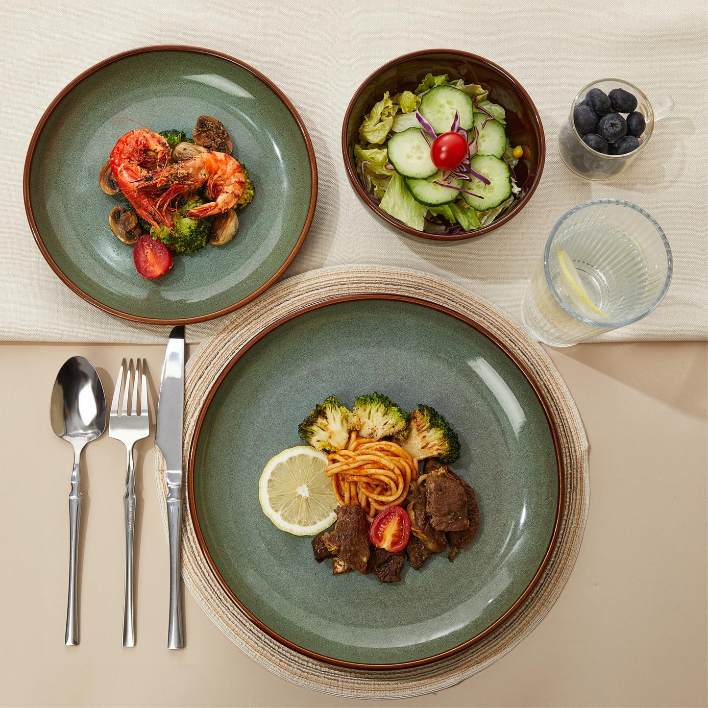 Pokini 36-Piece Stoneware Dinnerware Sets, Plates and Bowls Dish Sets for 12, Sage Green