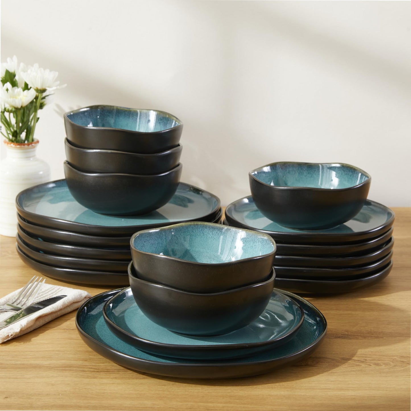 Stoneware Dinnerware Set for 6, POKINI 18 PCS Reactive Glaze Plates and Bowls Set, Modern Handmade Ceramic Dishes Set, Chip & Scratch Resistant Dish Sets, Durable Dinner Plate Sets, Green Black