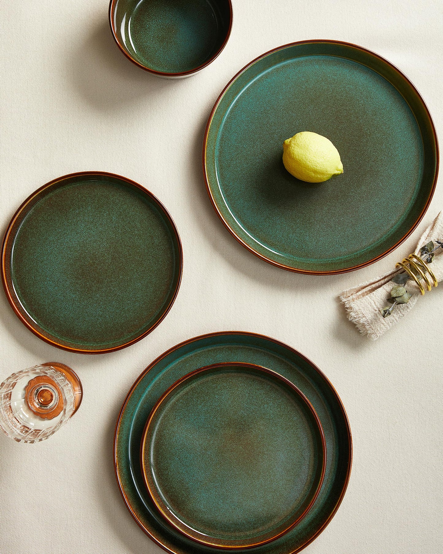 Pokini Stoneware Dinnerware Set for 8, 24PCS Plates and Bowls Set, Microwave & Dishwasher Safe Dinner Set, Modern Handmade Durable Dish Sets, Brown Green