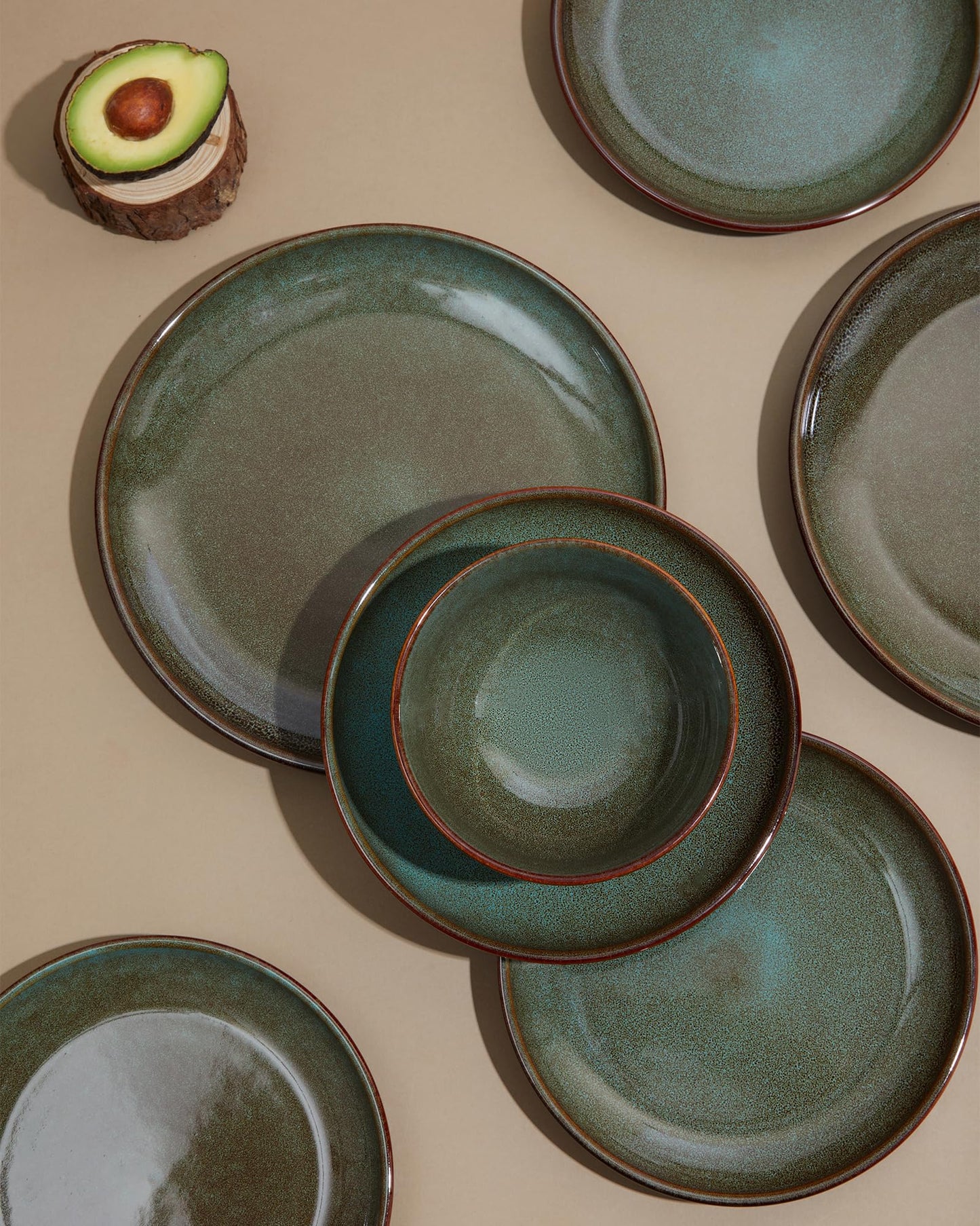 Pokini 32-Piece Stoneware Dinnerware Sets, Plates and Bowls Sets with Double Bowl,Ceramic dish sets service for 8,Brown Green