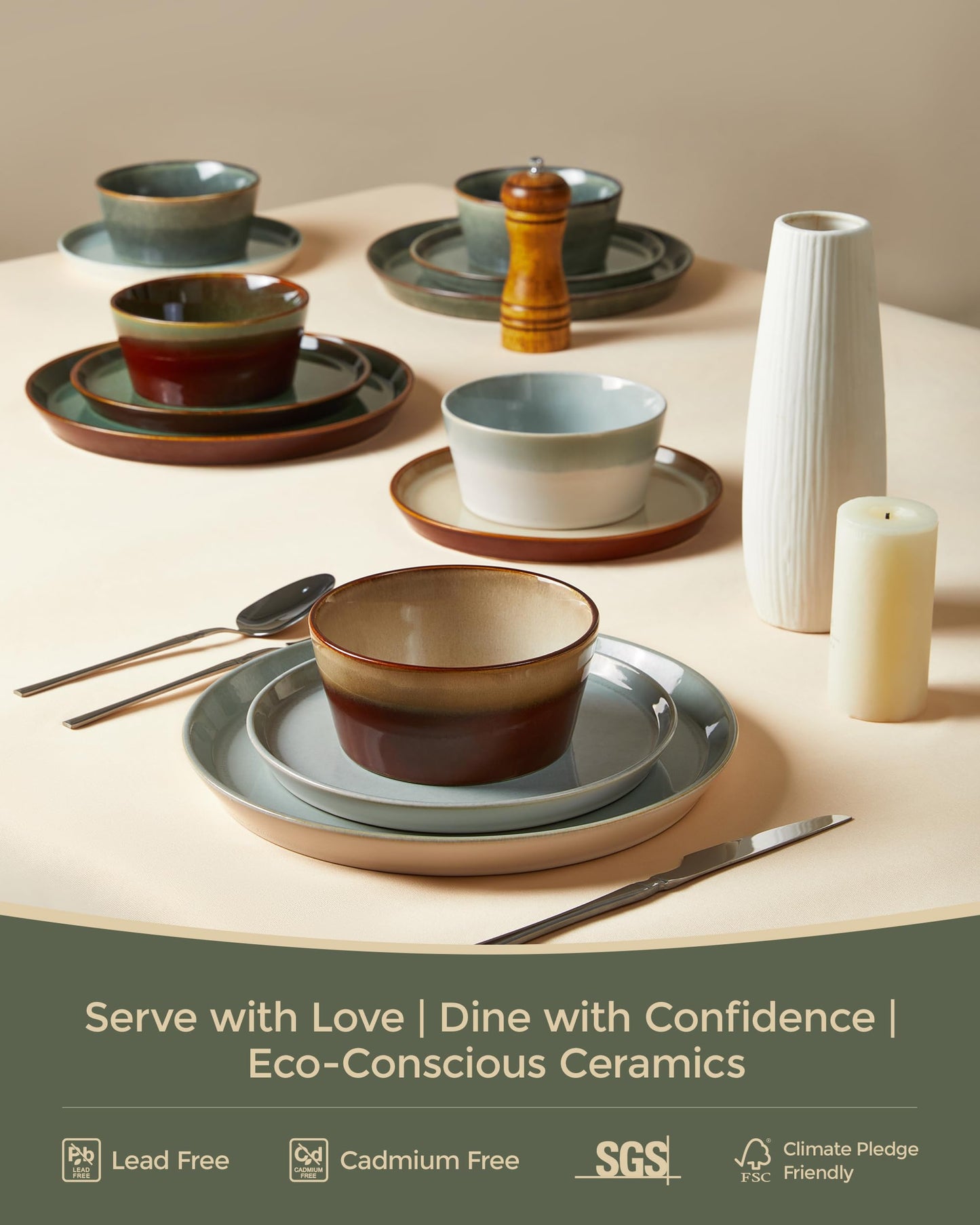 Pokini Stoneware Dinnerware Set for 4, 12PCS Plates and Bowls Set, Microwave & Dishwasher Safe Dinner Set, Modern Handmade Durable Dish Sets, Green Wheat