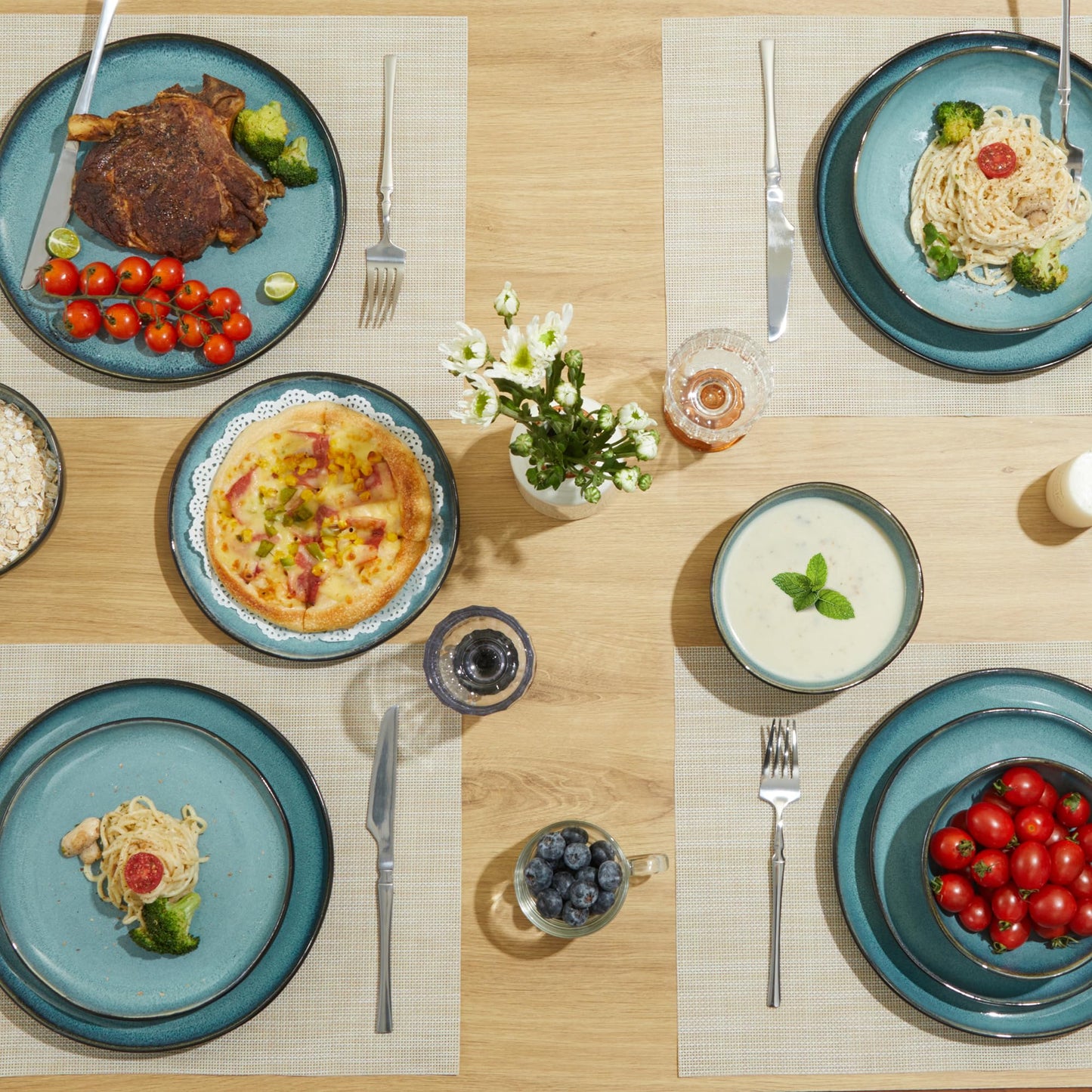 Stoneware Dinnerware Set for 4, POKINI 12 PCS Reactive Glaze Plates and Bowls Set, Modern Handmade Ceramic Dishes Set, Chip & Scratch Resistant Dish Sets, Durable Dinner Plate Sets, Green Black
