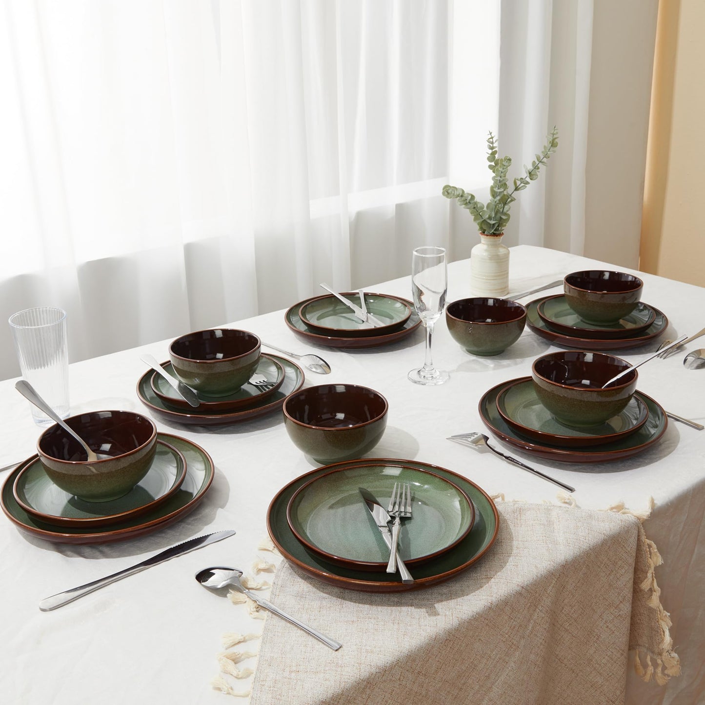 Pokini 36-Piece Stoneware Dinnerware Sets, Plates and Bowls Dish Sets for 12, Sage Green
