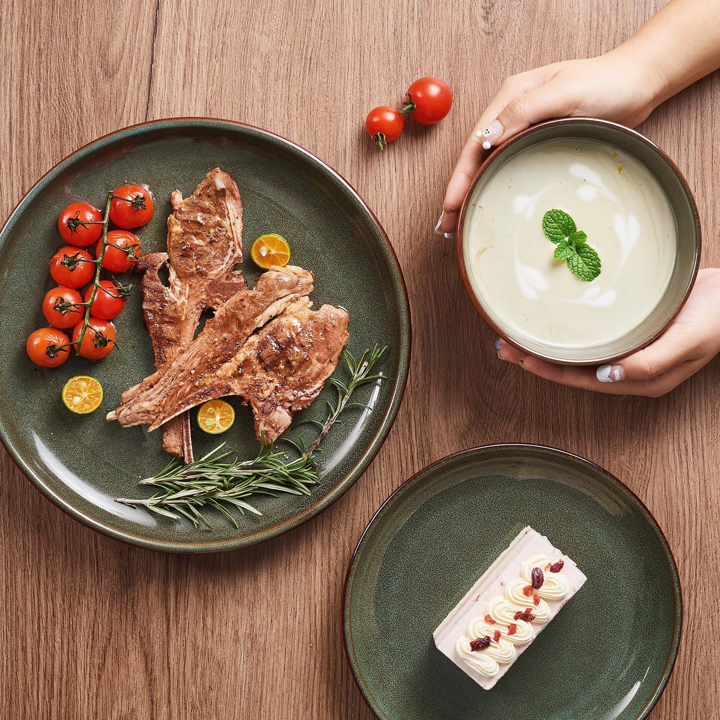 Pokini 32-Piece Stoneware Dinnerware Sets, Plates and Bowls Sets with Double Bowl,Ceramic dish sets service for 8,Brown Green