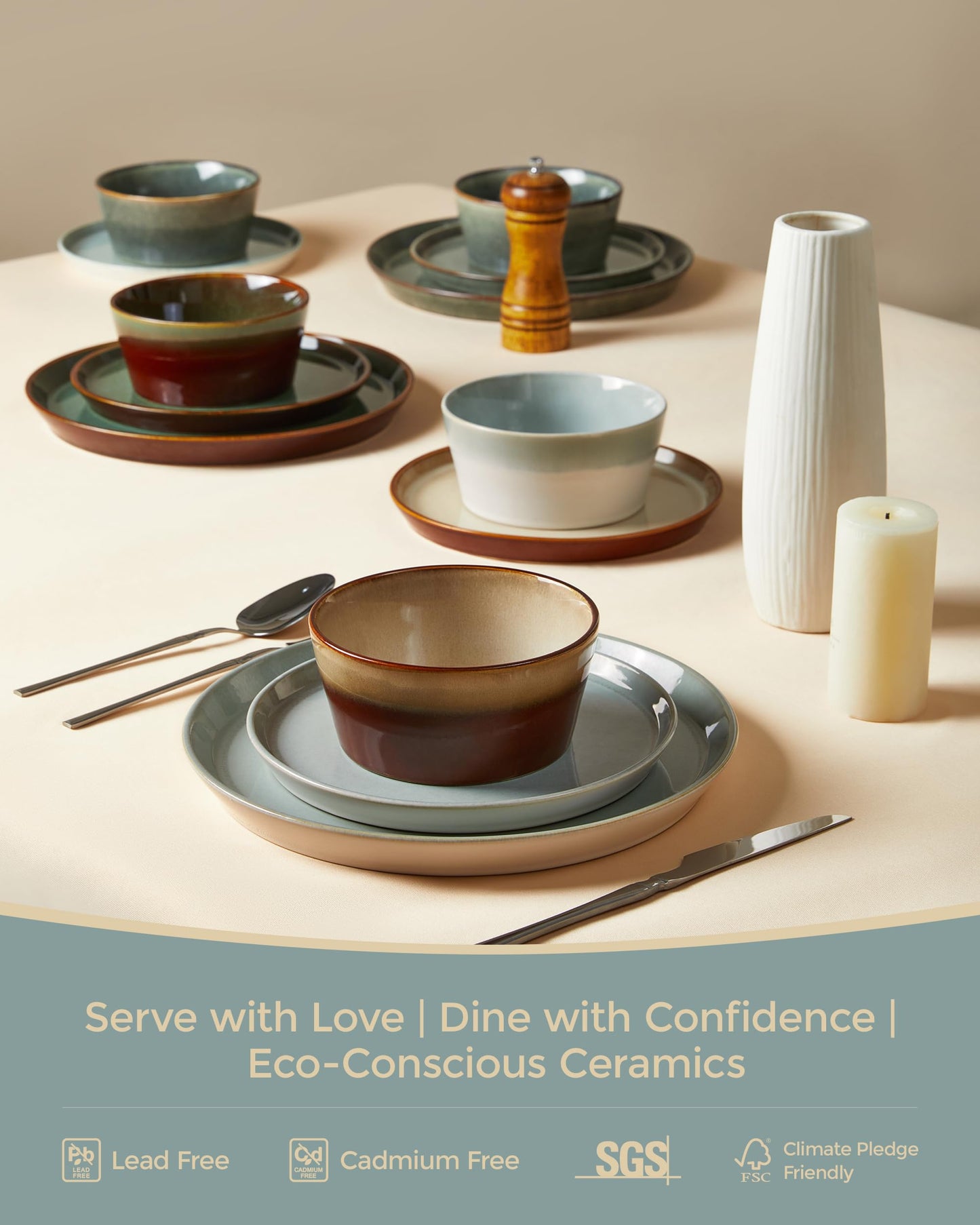 Pokini Stoneware Dinnerware Set for 8, 24PCS Plates and Bowls Set, Microwave & Dishwasher Safe Dinner Set, Modern Handmade Durable Dish Sets, Gradient Green