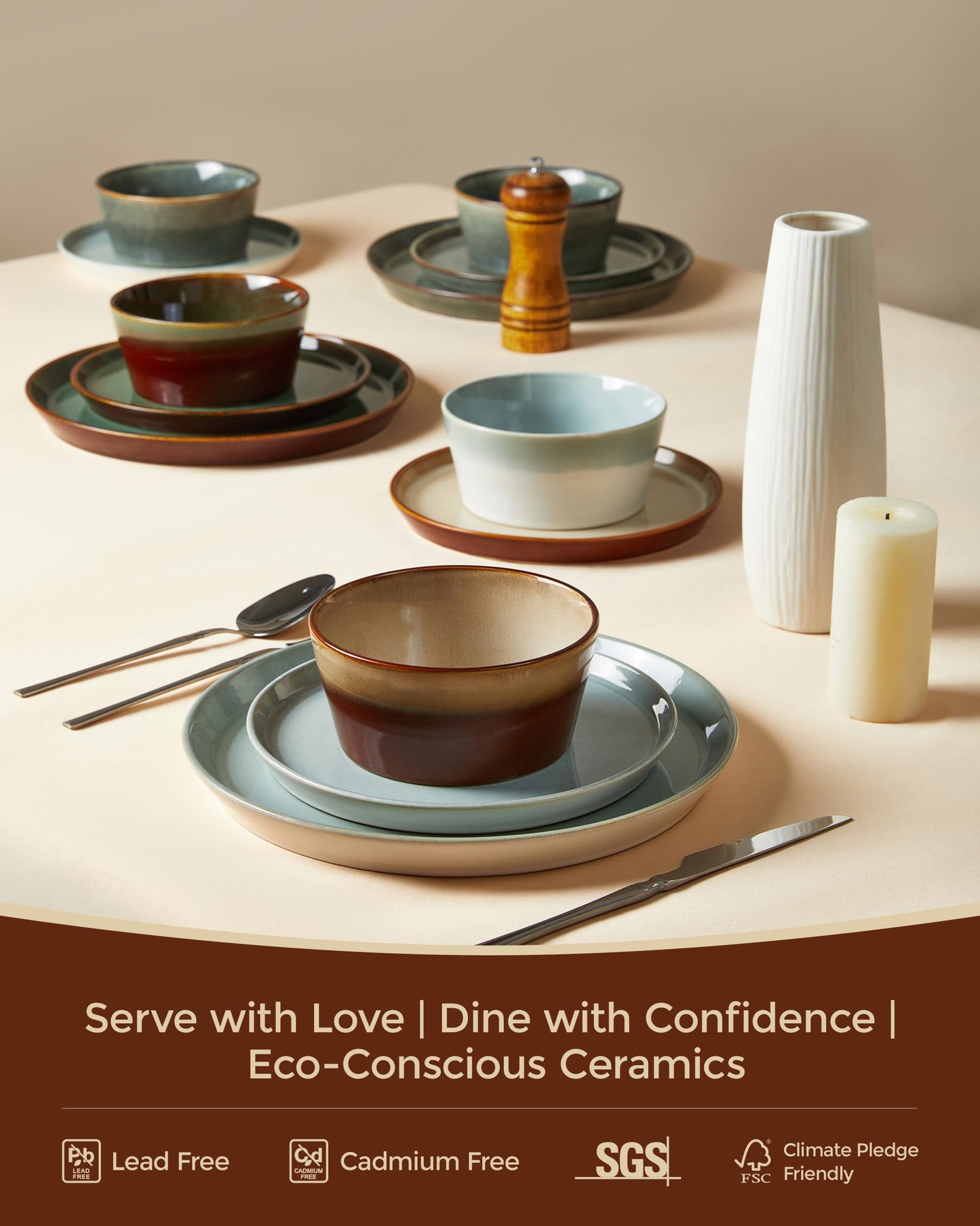 Pokini Stoneware Dinnerware Set for 8, 24PCS Plates and Bowls Set, Microwave & Dishwasher Safe Dinner Set, Modern Handmade Durable Dish Sets, Amber Brown