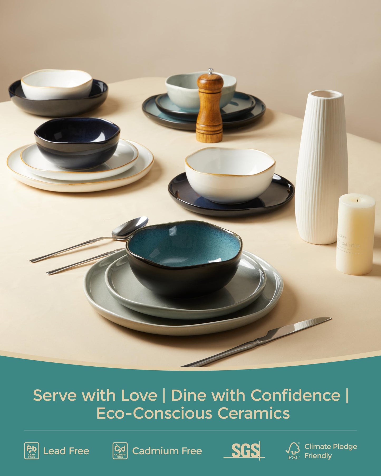 Stoneware Dinnerware Set for 6, POKINI 24 PCS Reactive Glaze Plates and Bowls Set, Modern Handmade Ceramic Dishes Set, Chip & Scratch Resistant Dish Sets, Durable Dinner Plate Sets, Green Black