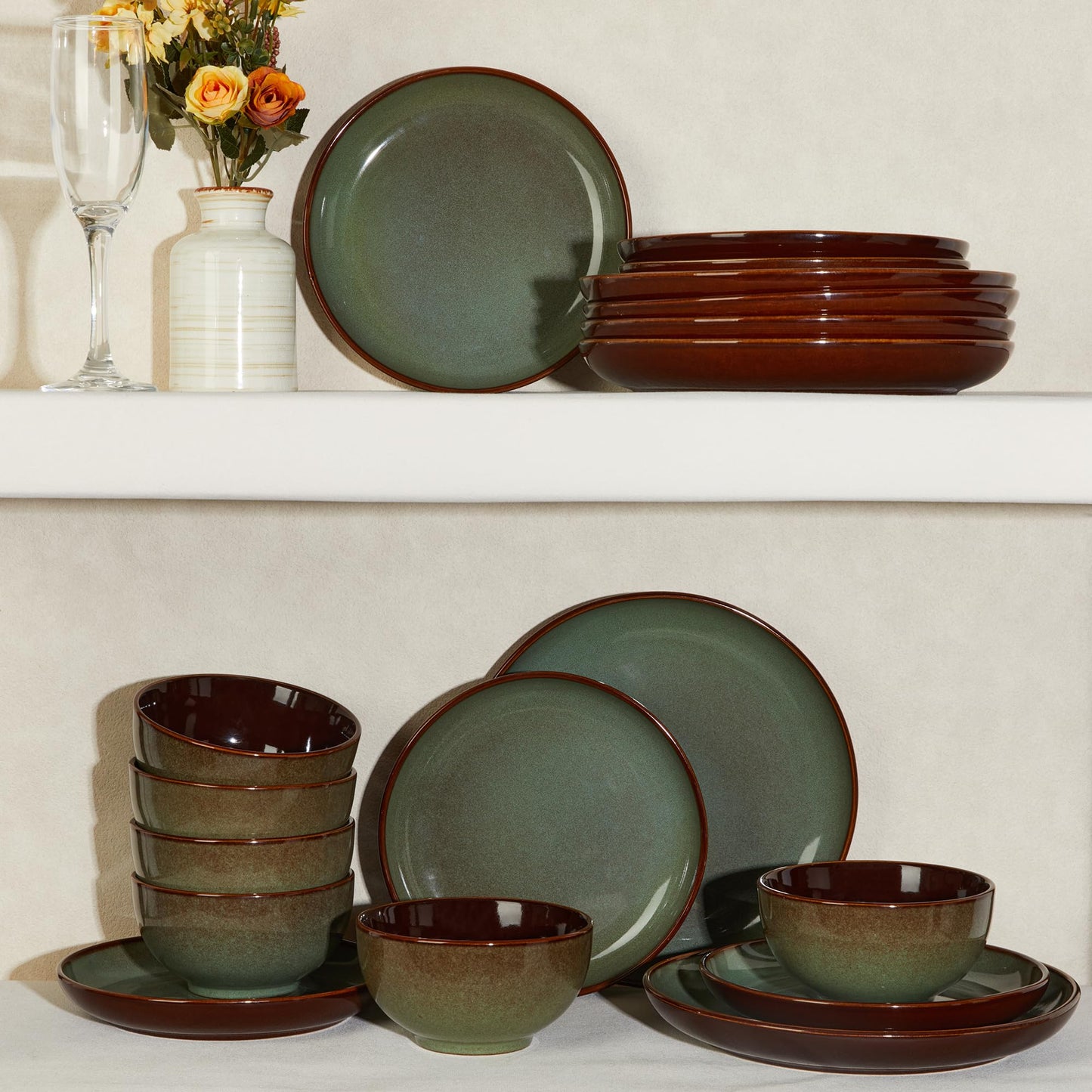 Pokini 36-Piece Stoneware Dinnerware Sets, Plates and Bowls Dish Sets for 12, Sage Green