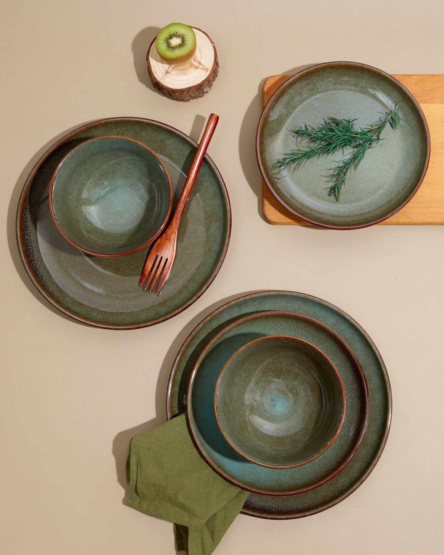 Pokini 32-Piece Stoneware Dinnerware Sets, Plates and Bowls Sets with Double Bowl,Ceramic dish sets service for 8,Brown Green