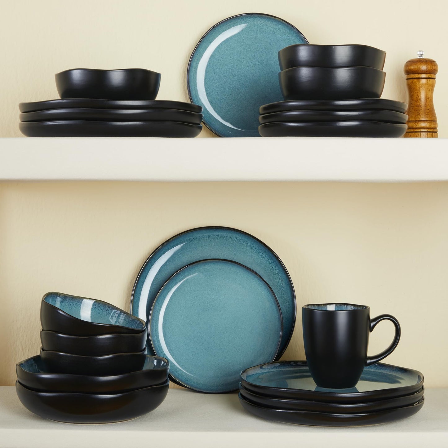 Stoneware Dinnerware Set for 4, POKINI 12 PCS Reactive Glaze Plates and Bowls Set, Modern Handmade Ceramic Dishes Set, Chip & Scratch Resistant Dish Sets, Durable Dinner Plate Sets, Green Black