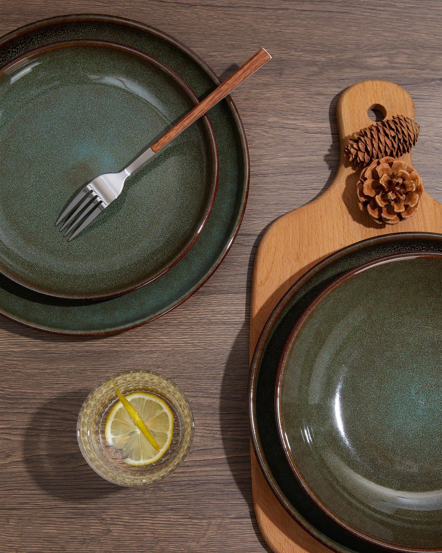 Pokini 32-Piece Stoneware Dinnerware Sets, Plates and Bowls Sets with Double Bowl,Ceramic dish sets service for 8,Brown Green